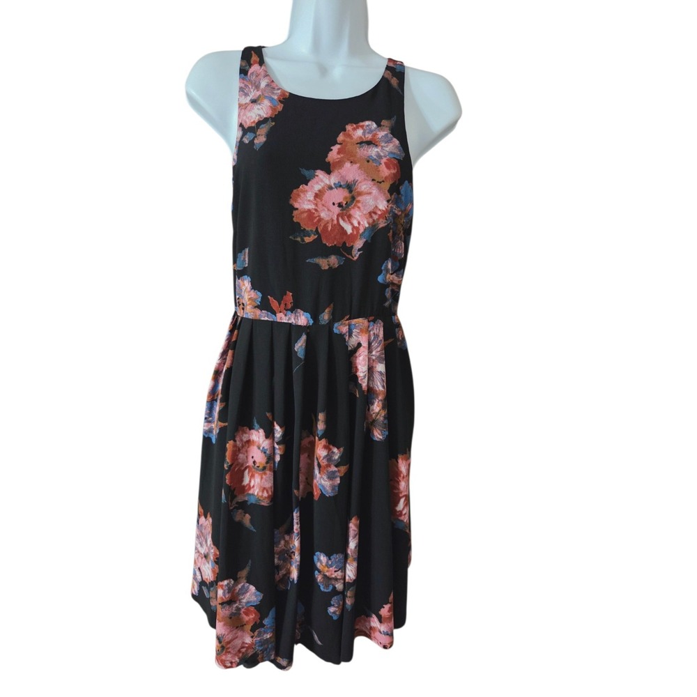 Free People Black Pink Floral Sleeveless Keyhole-Back A-Line Knee-Length Dress 8